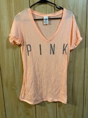 PINK Victoria's Secret Peach V-Neck Logo Tee